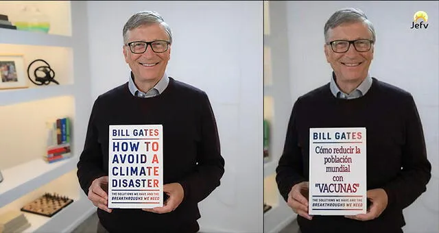 Bill Gates enseña la portada de su libro sobre cambio climático. Izquierda: foto original. Derecha: foto manipulada. Composición: Verificador