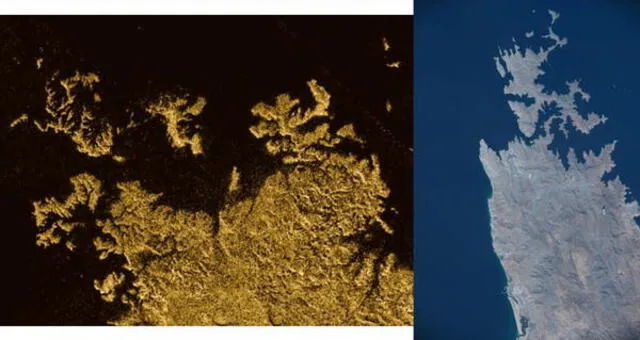 Izquierda: parte de Ligeia Mare de Titán y un mar de metano líquido. A la derecha: la península de Musandam, en Arabia, con agua salada. Foto: NASA / JPL-Caltech
