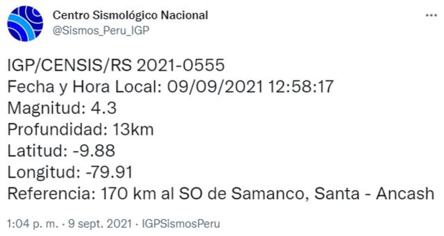 IGP confirmó sismo en Áncash
