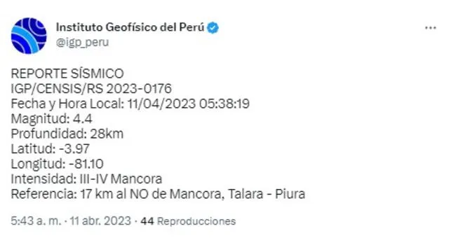 Datos del sismo en Máncora. Foto: IGP   