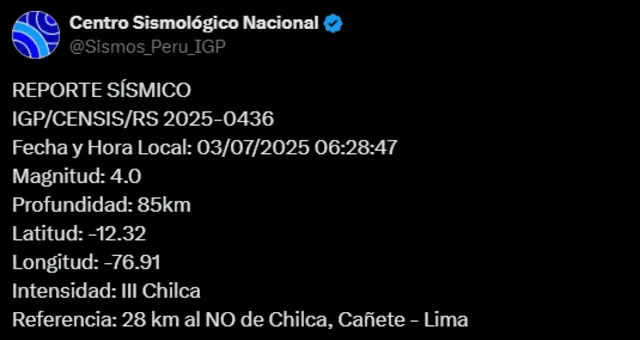  Sismo de magnitud 4.0 sacude Lima. Foto: IGP   