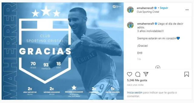 Emanuel Herrera compartió unas palabras en su Instagram hacia Sporting Cristal.