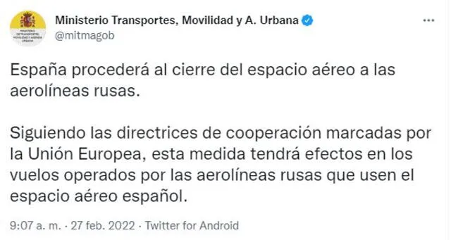 Comunicado del Ministerio de Transportes de España. Foto: captura de Twitter
