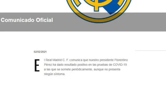 Comunicado de Real Madrid sobre estado de Florentino Pérez.