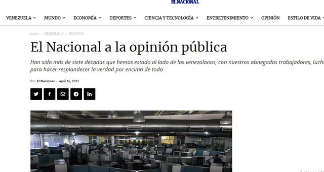 Comunicado de El Nacional. Foto: captura web