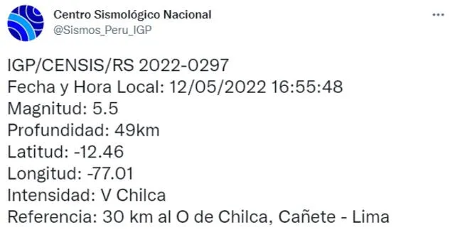 Datos del sismo de este jueves. Foto: IGP