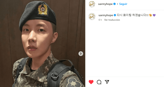 J-Hope de BTS en el servicio militar. Foto: captura Instagram/uarmyhope   
