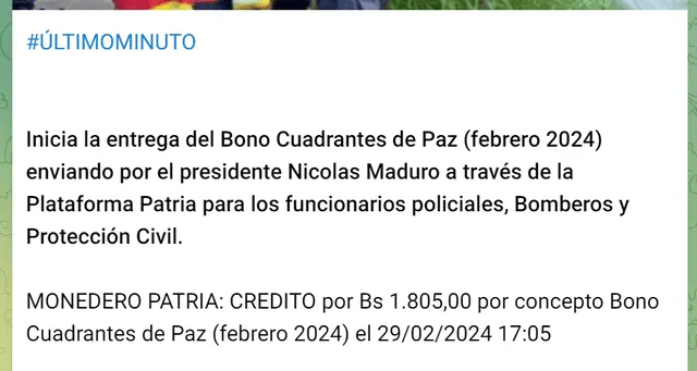 Así se anunció el pago de Cuadrantes de Paz. Foto: Canal Patria Digital/Telegram