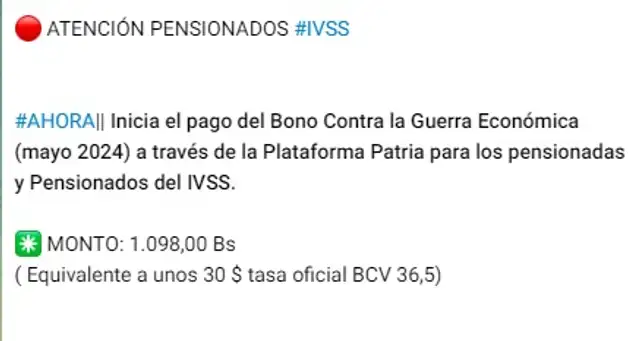 Anuncio del Bono de Guerra para pensionados en mayo 2024. Foto: Canal Patria Digital   