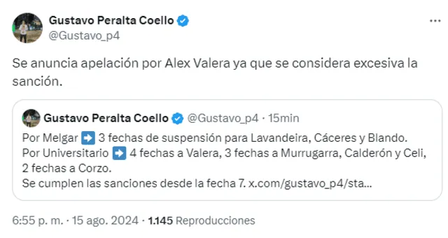  Alex Valera se perderá el partido ante Deportivo Garcilaso. Foto: captura de pantalla de X   