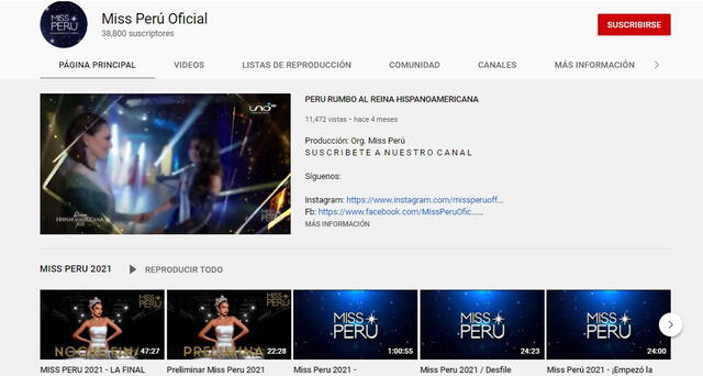 Este es el canal oficial de Miss Perú La Pre. Foto: captura