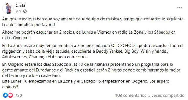 Chiki volverá a Radio La Zona a partir del 10 de enero.