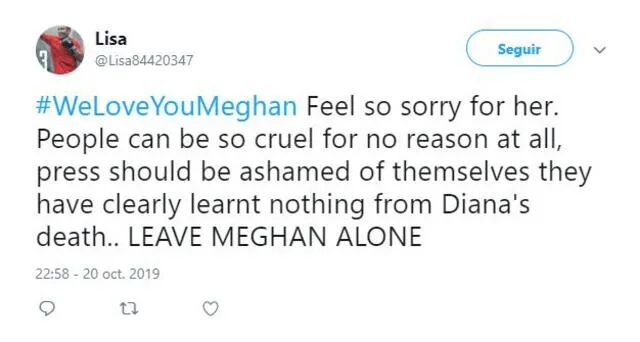 Mensaje de respaldo a Meghan Markle en Twitter