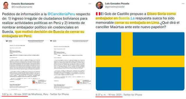 Tuits en el que dos políticos peruanos aseguraron que el cierre de la embajada de Suecia se debe a la propuesta de nombrar embajador a Elíseo Soria. FOTO: Capturas de Twitter.