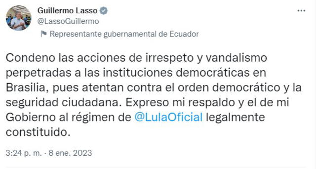 Guillermo Lasso condenó vandalismo ocurrido hoy en Brasil. Foto: @LassoGuillermo/Twitter