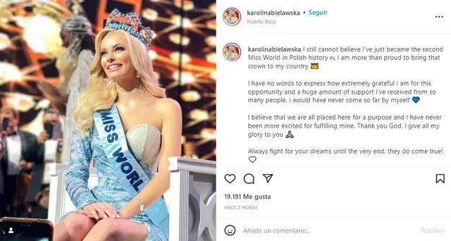 Karolina Bielawska se pronuncia tras ganar el Miss Mundo 2021. Foto: Karolina Bielawska/Instagram