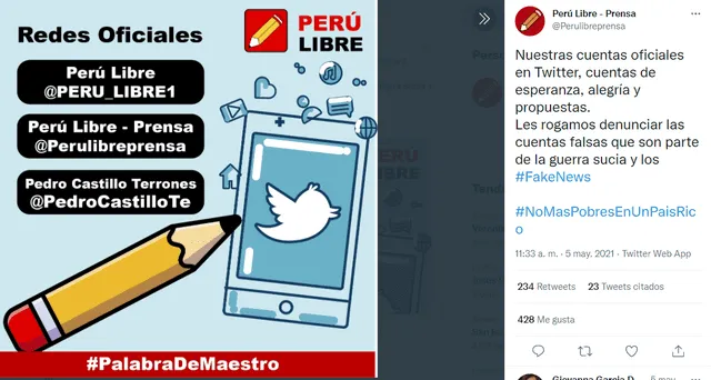 Perú Libre difunde cuentas oficiales del partido. Foto: captura en Twitter.