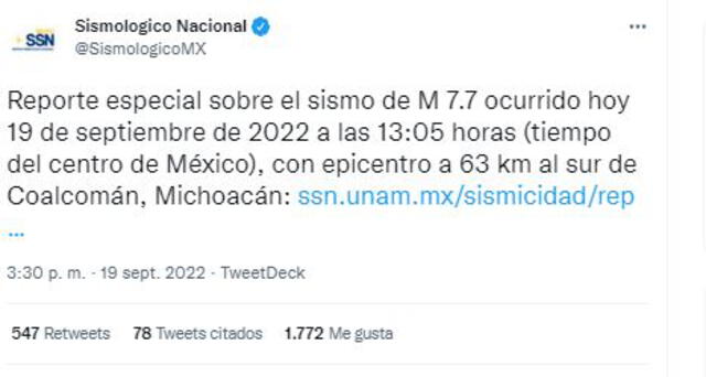 Sismológico Nacional actualizó la magnitud del sismo en Michoacán, en México. Foto: captura Twitter
