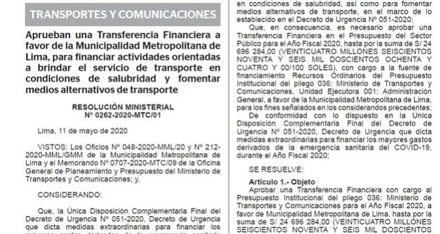 Resolución del MTC que autoriza la transferencia a la Municipalidad de Lima.