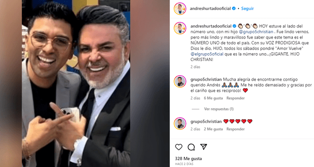  Andrés Hurtado elogia a Christian Yaipén por su voz. Foto: Instagram/Andrés Hurtado 