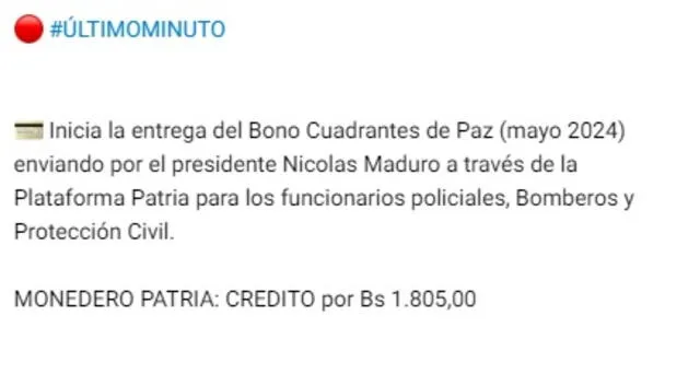 Anuncio del Bono Cuadrante de Paz de mayo 2024. Foto: Canal Patria Digital   
