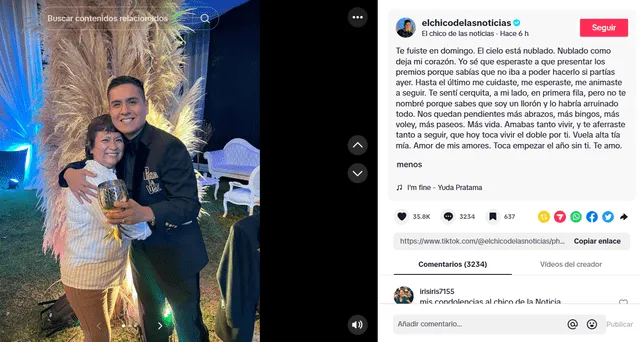 'Chico de las noticias' hizo público el fallecimiento de su tía. Foto: El chico de las noticias/Instagram 'Chico de las noticias' hizo público el fallecimiento de su tía. Foto: El chico de las noticias/Instagram