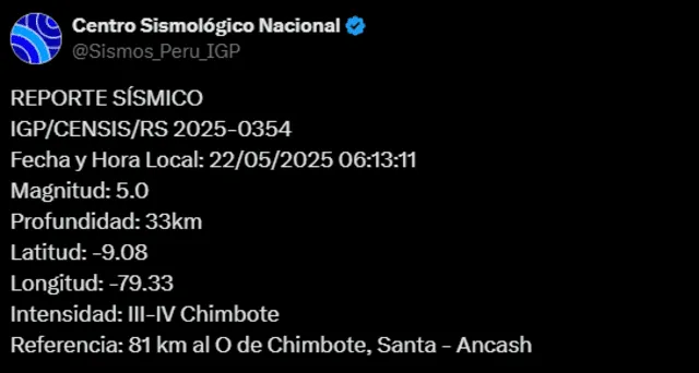  Sismo de magnitud 5.0 sacude Áncash. Foto: IGP   