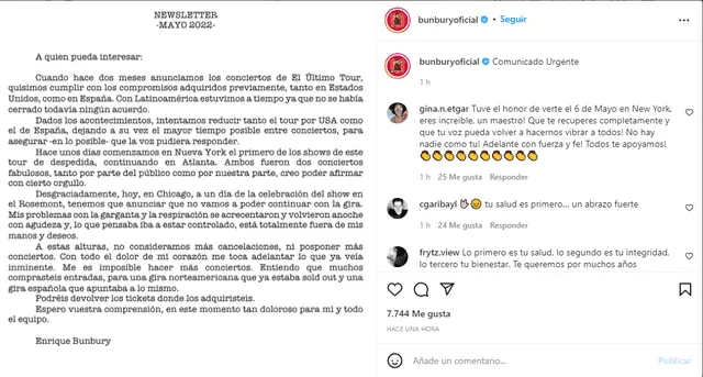 El comunicado urgente de Enrique Bunbury ha generado la preocupación en miles de sus fans. Foto: Instagram