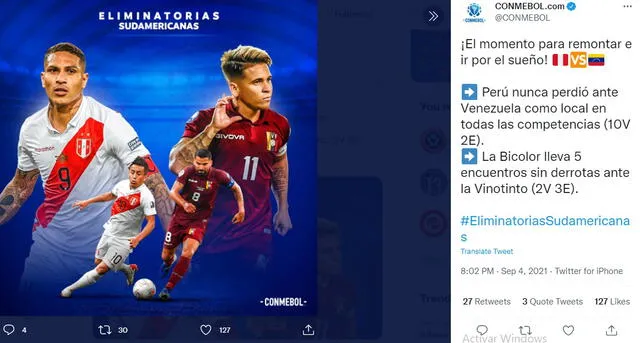 Conmebol destaca partido Perú vs Venezuela. Foto: CONMEBOL/Twitter