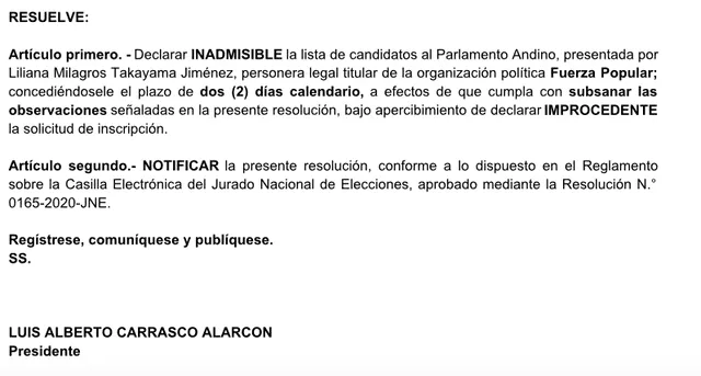 JEE Lima Centro 1 declaró INADMISIBLE la lista de candidatos de  Fuerza Popular  al Parlamento Andino que esta encabezada por Galarreta