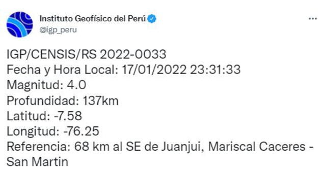 Datos del sismo en San Martín. Foto: captura IGP