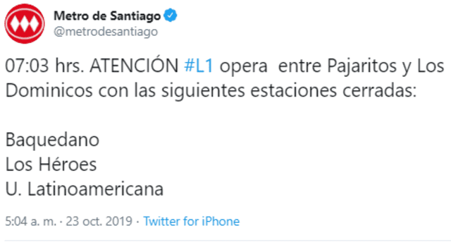 Captura twitter del Metro de Santiago.