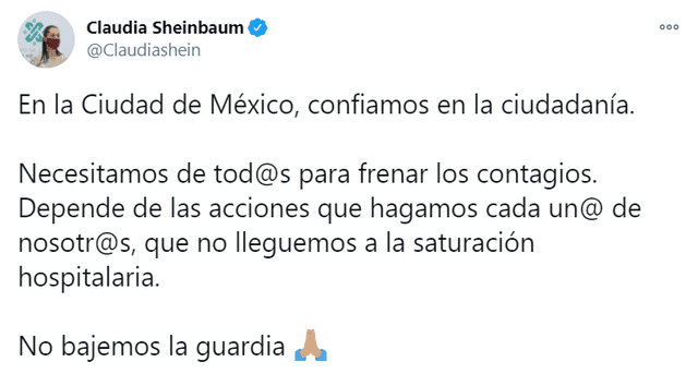 La Gobernadora de Ciudad de México pide a la población de la capital seguir cuidándose para prevenir contagios. Foto: @Claudiashein/Twitter