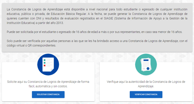 Web de Constancia de logros de aprendizaje. Foto: Captura portal de Minedu Web de Constancia de logros de aprendizaje. Foto: Captura portal de Minedu