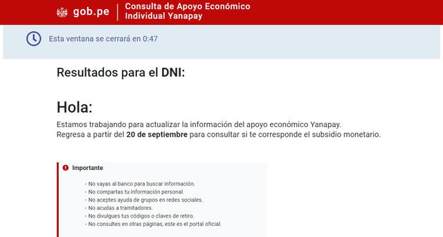 Consulta con DNI del Bono Yanapay no está disponible actualmente. Imagen: captura www.gob.pe