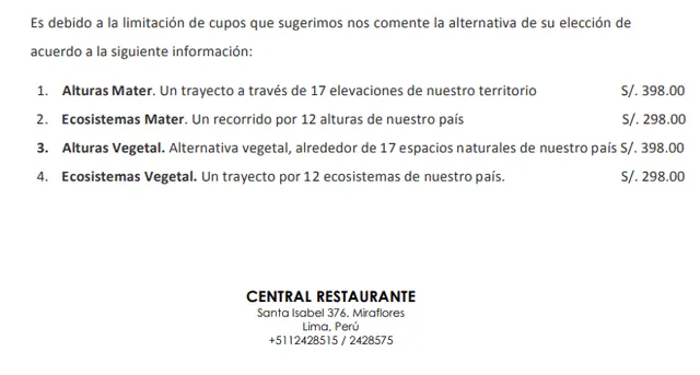  La carta de Central en 2016. Foto: archivo Central Restaurante   