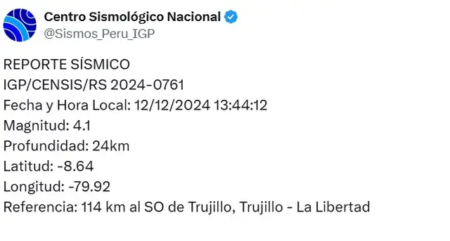 IGP dio a conocer el temblor de magnitud 4.1 en Trujillo
