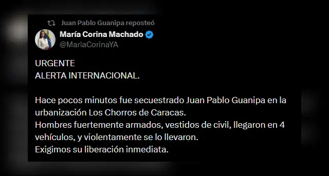  Comunicado de María Corina Machado. Captura: X   