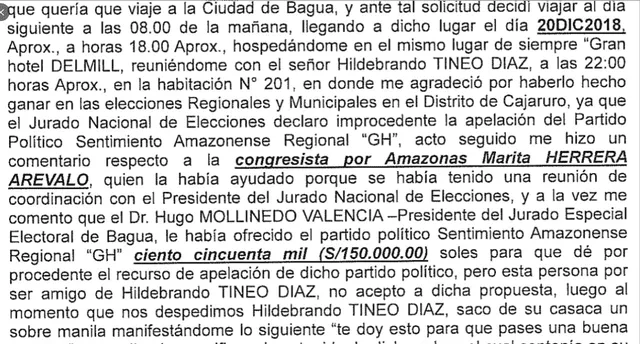 Captura de la declaración que dio el ex jefe de la ODPE de Cajaruro, José Anamaria Vega, implicando a la legisladora Marita Herrera.