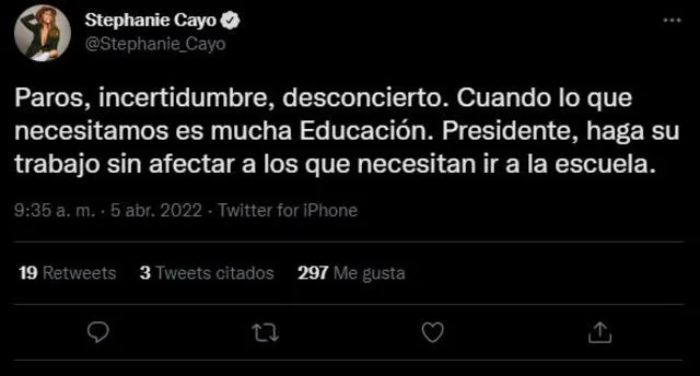 Stephanie Cayo se muestra preocupada por los estudiantes peruanos, luego de que Pedro Castillo impusiera el toque de queda. Foto: Twitter Stephanie Cayo se muestra preocupada por los estudiantes peruanos, luego de que Pedro Castillo impusiera el toque de queda. Foto: Twitter