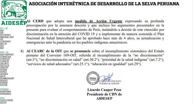 Denuncia de Aidesep contra el Estado peruano.