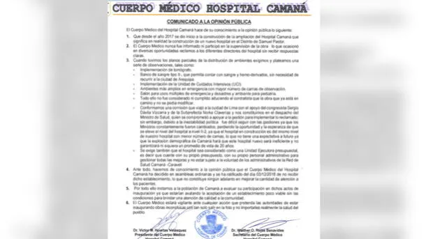 Arequipa: Médicos rechazan obras de hospital en Camaná