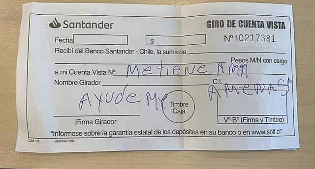 Documento con el que un hombre denunció haber sido secuestrado en banco. Foto: Fiscalía Metropolitana Sur
