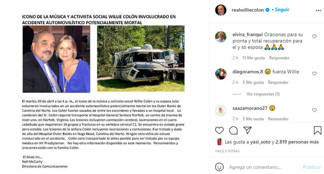 Willie Colón se encuentra hospitalizado tras sufrir un accidente de auto con su esposa Julia Craig Foto: Willie Colón / Instagram