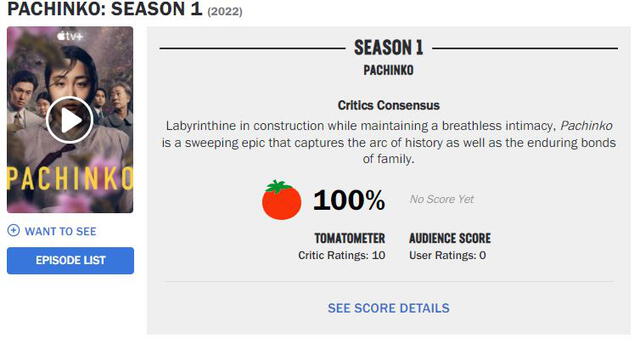 "Pachinko": resultados en Rotten Tomatoes. Foto: captura