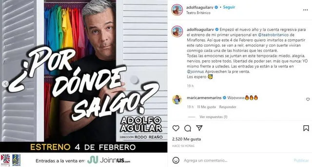Adolfo Aguilar anuncia su primer unipersonal. Foto: Adolfo Aguilar/ Instagram