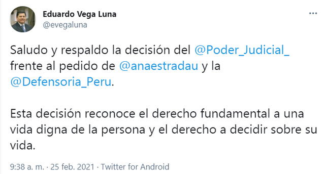 Ministro Vega se pronuncia sobre caso de Ana Estrada. Foto: Twitter
