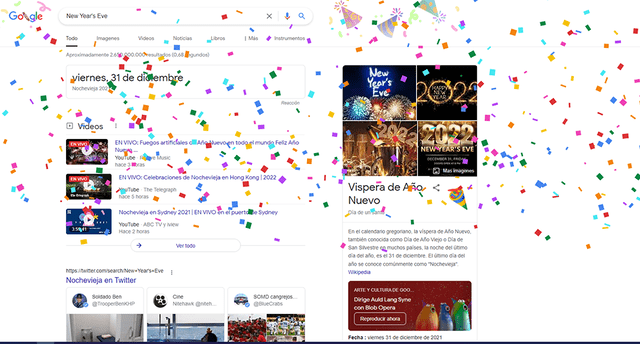 La pantalla con los resultados de búsqueda se llena de confeti al consultar términos relacionados al Año Nuevo. Foto: Google