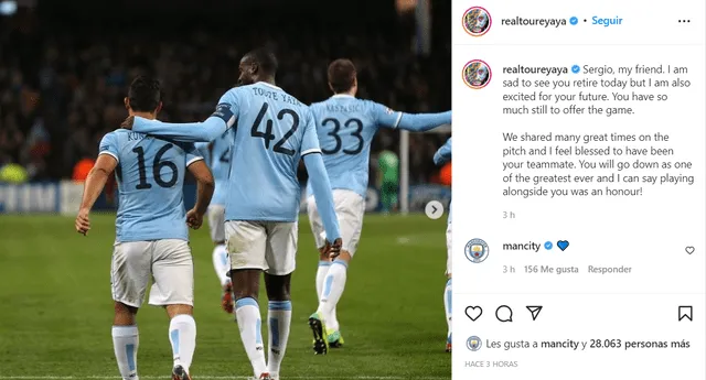 Yaya Touré y Sergio Agüero ganaron varios títulos con la camiseta del Manchester City. Foto: captura Instagram