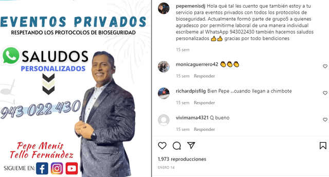 Pepe Menis trabaja animando eventos privados. Foto: Pepe Menis/Instagram.